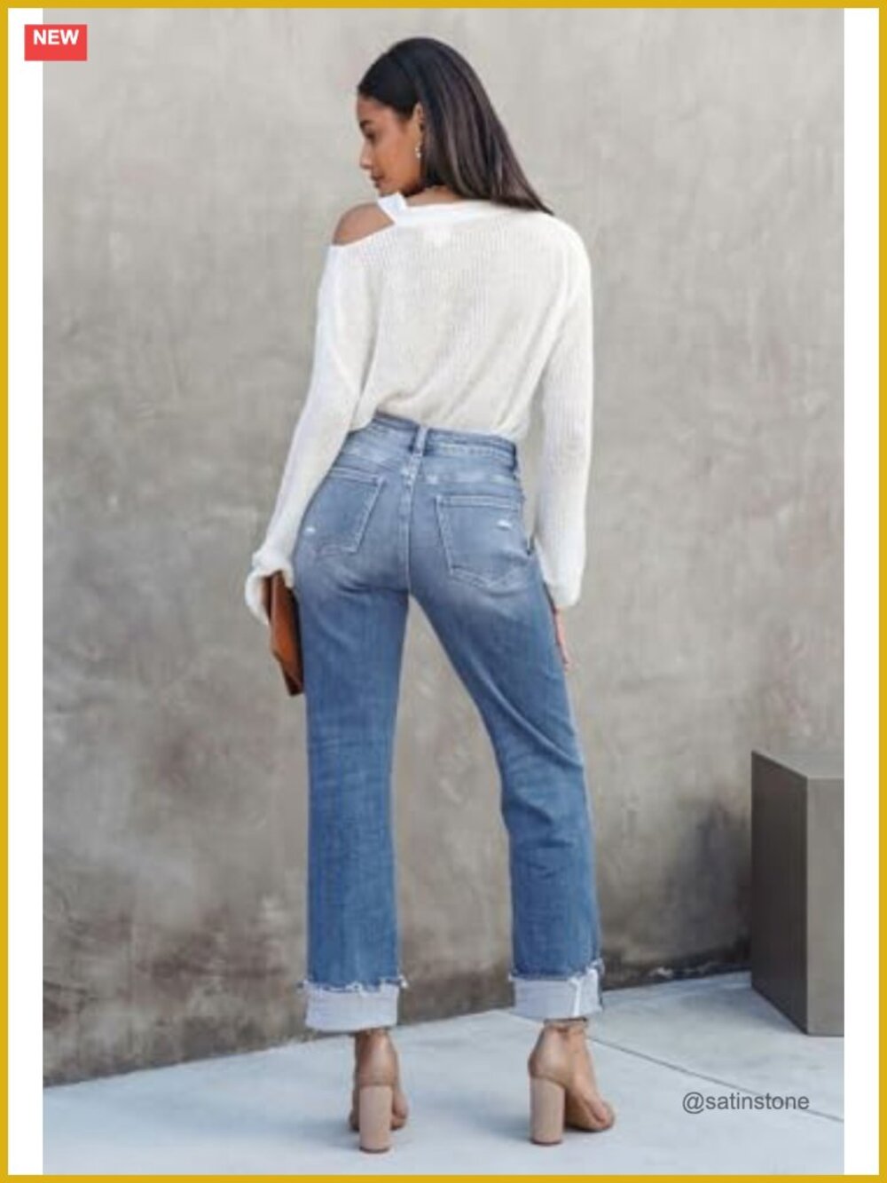 High Waisted Crossover Boyfriend Jeans Distressed Stretchy Denim Pants - Picture 3 of 5